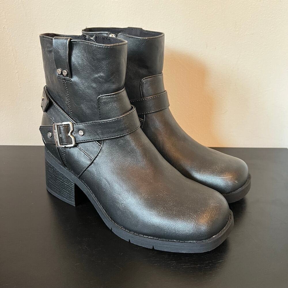 Dr. Scholl’s Janis Distressed Black Harness Square Toe Moto Boots 8.5M EU39